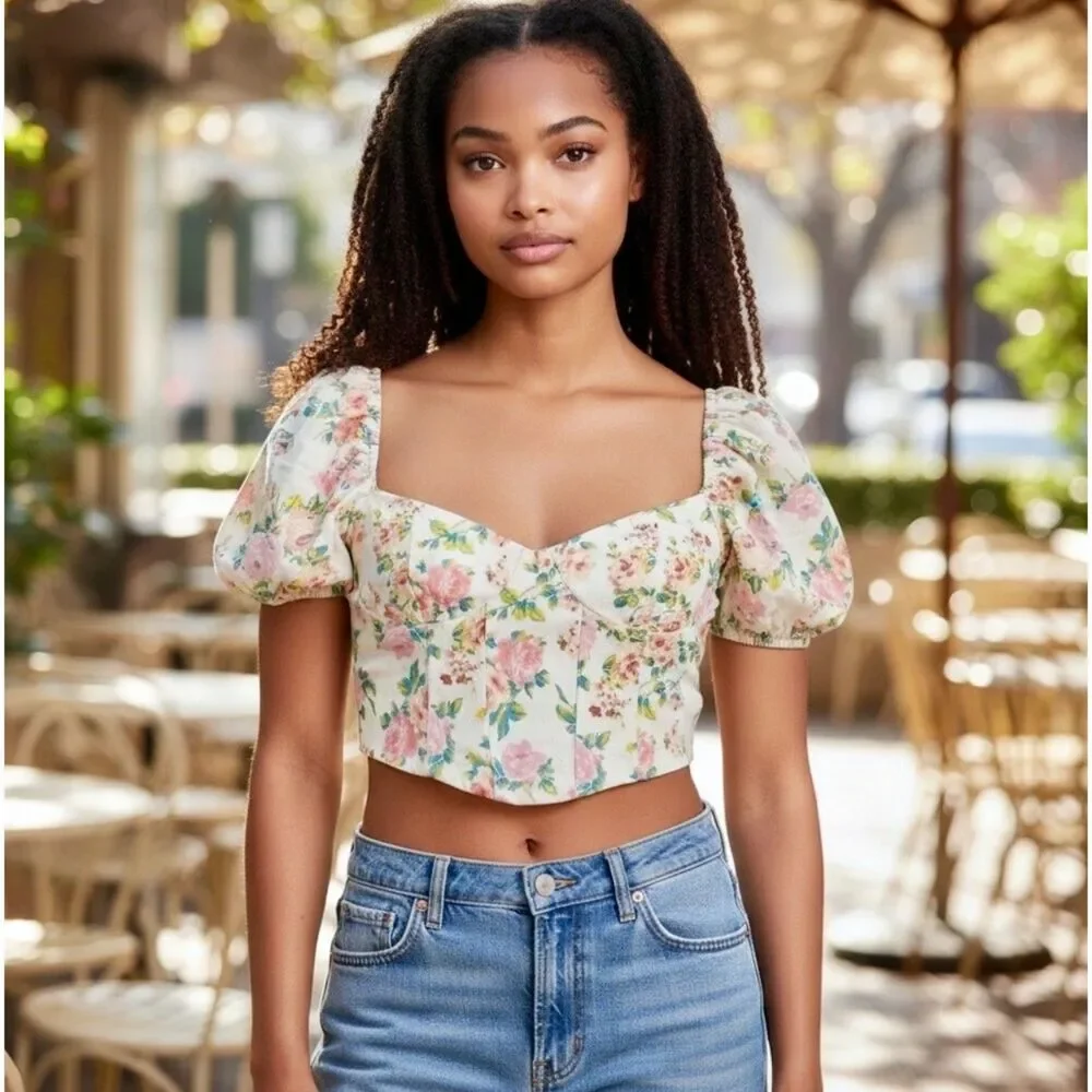 Zara Puff Sleeve Bustier Cropped Floral Corset Top Sz S NWOT Cottage, Boho